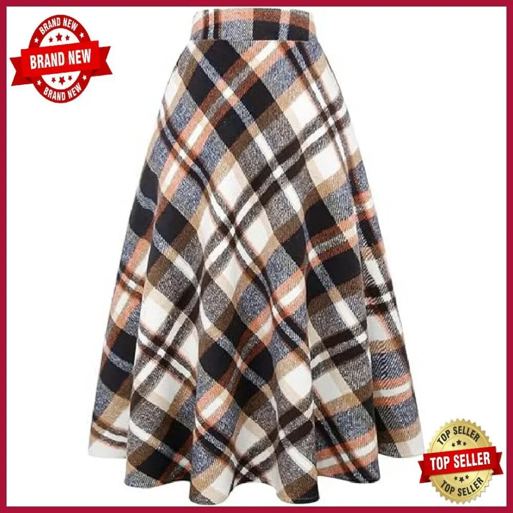 Long Wool Plaid Skirt High Waist A-Line Pleated Midi Fall Winter - Picture 2 of 7